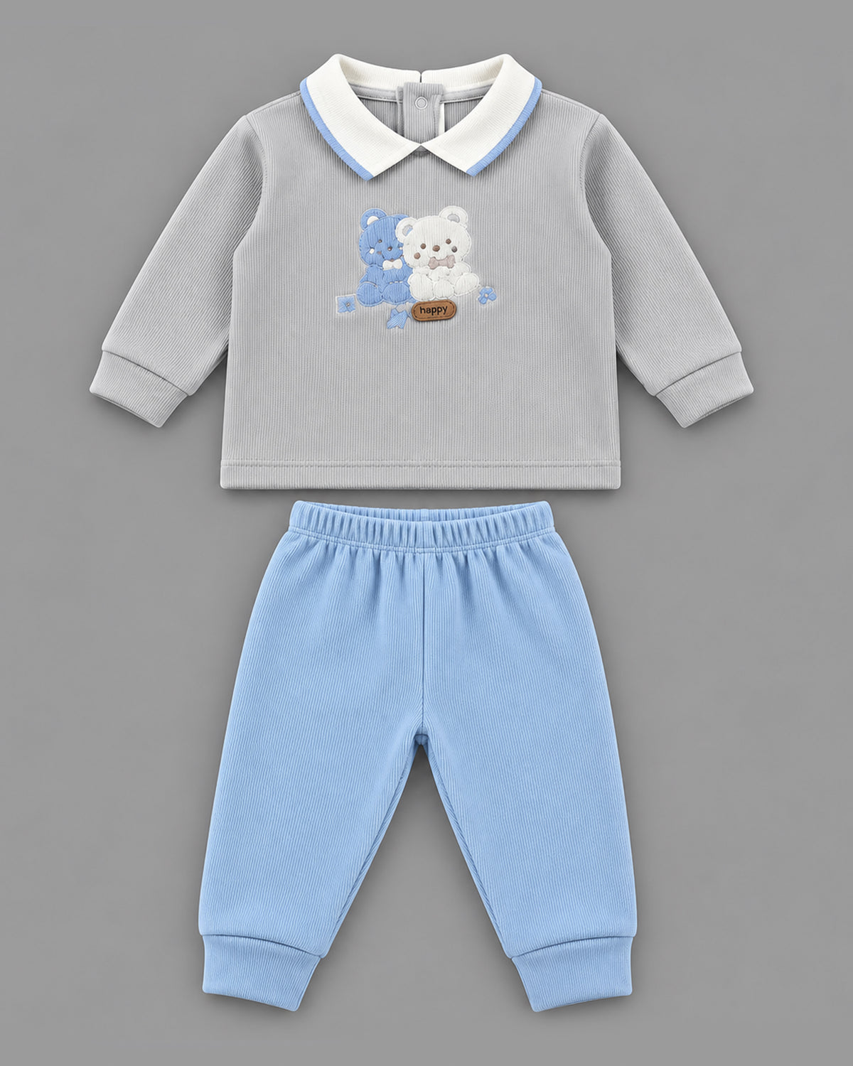 Double Teddy Embroidered Collared Waffle Knit Full Sleeve Top and Bottom for Boys - Grey & Sky Blue