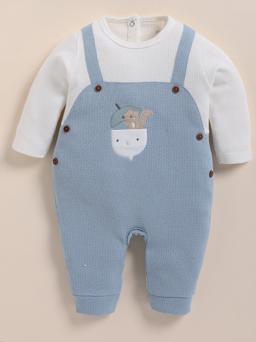 Full Sleeve Romper for Boys – Baby Blue Waffle-Knit Squirrel