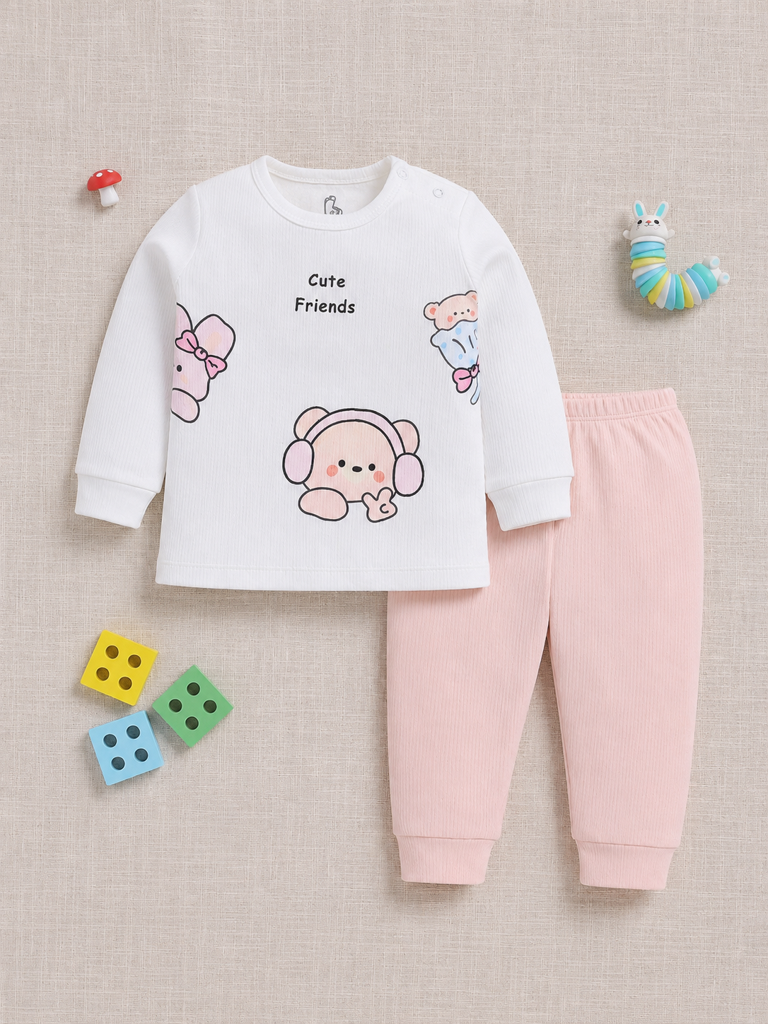 Top & Bottom for Girls - Peach Cute Friends Ribbed