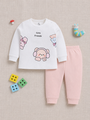 Top & Bottom for Girls - Peach Cute Friends Ribbed