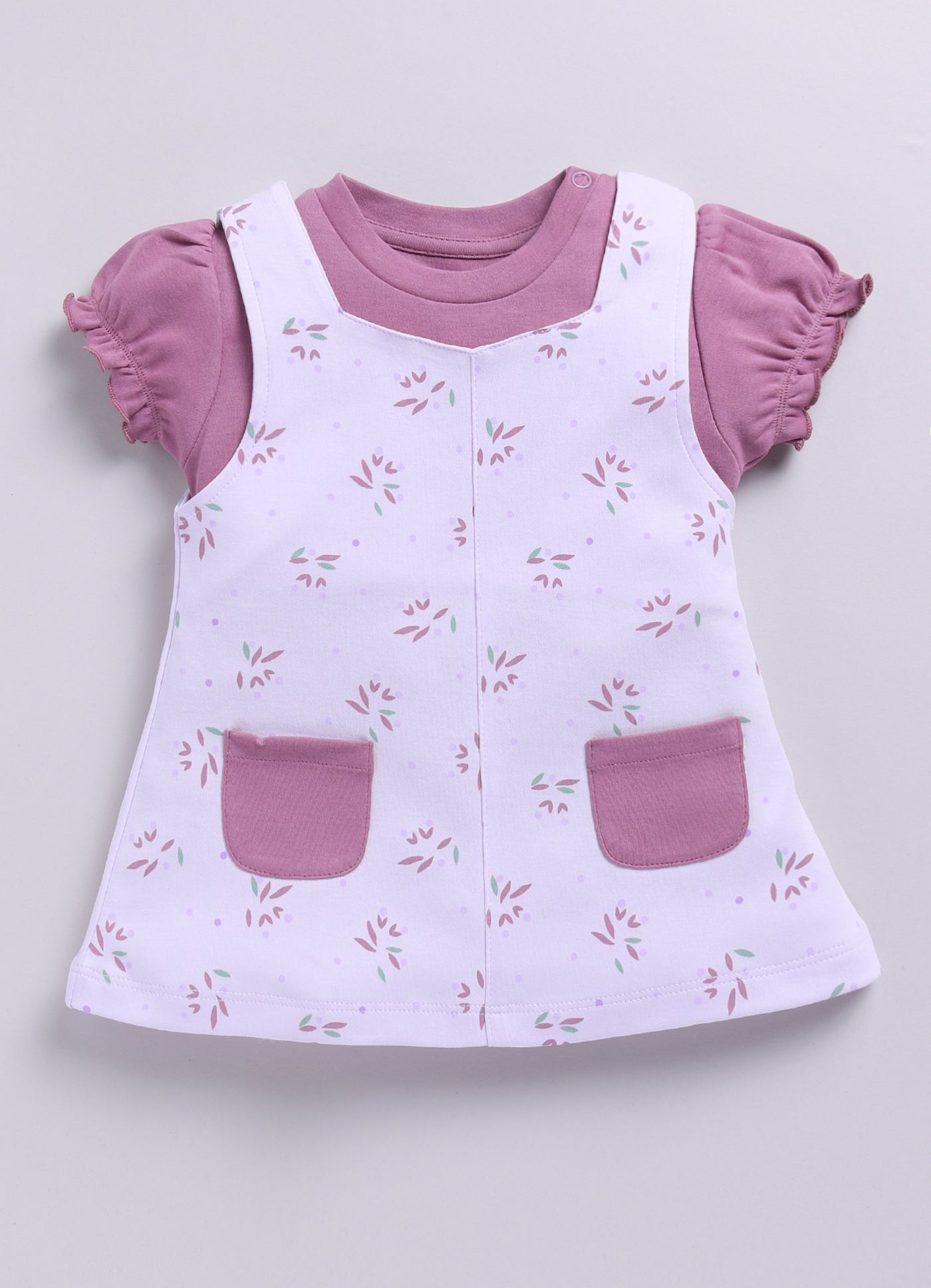 Baby Girl Floral Print Pinafore Dress with Layered Top-PURPLE