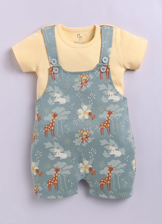 Baby Girls Jungle Safari Dungaree Set – Teal Animal Print with Yellow Tee