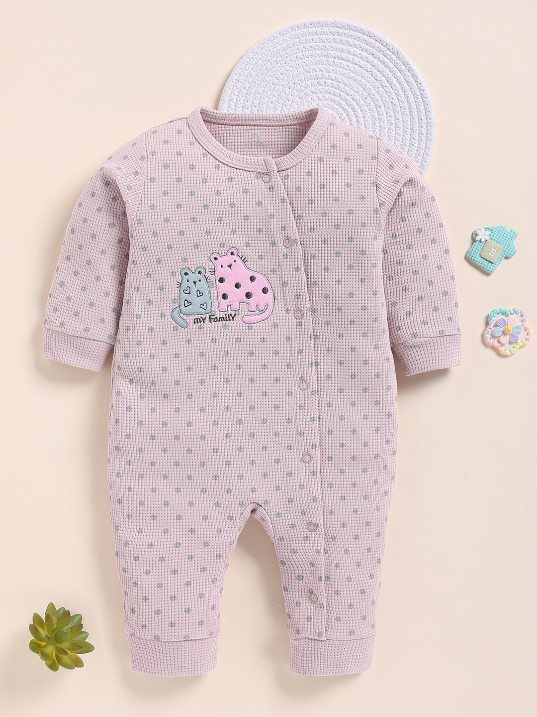 Full Sleeve Romper for Girls – Mauve Pink Waffle-Knit Polka Dot