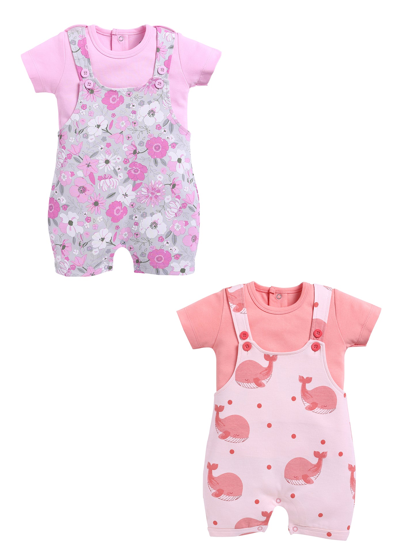 Half Sleeve Dungaree for Girls - Salmon & Pink