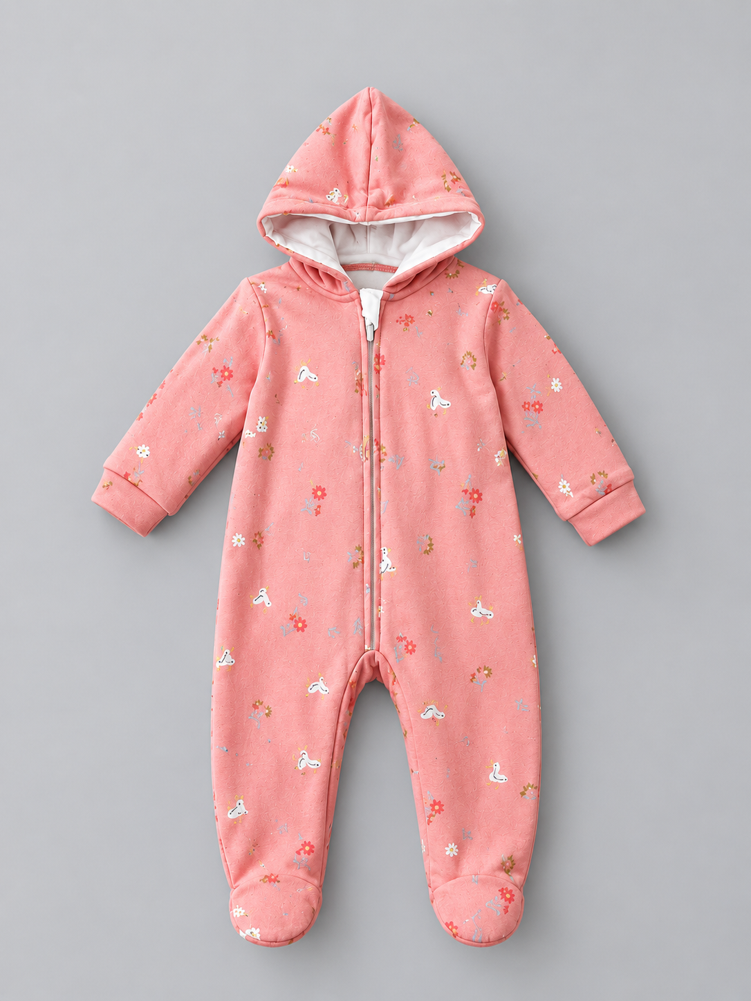 Floral Duck Printed Hooded Fleece-Lined Full Sleeve Romper for Girls - Coral Pink
