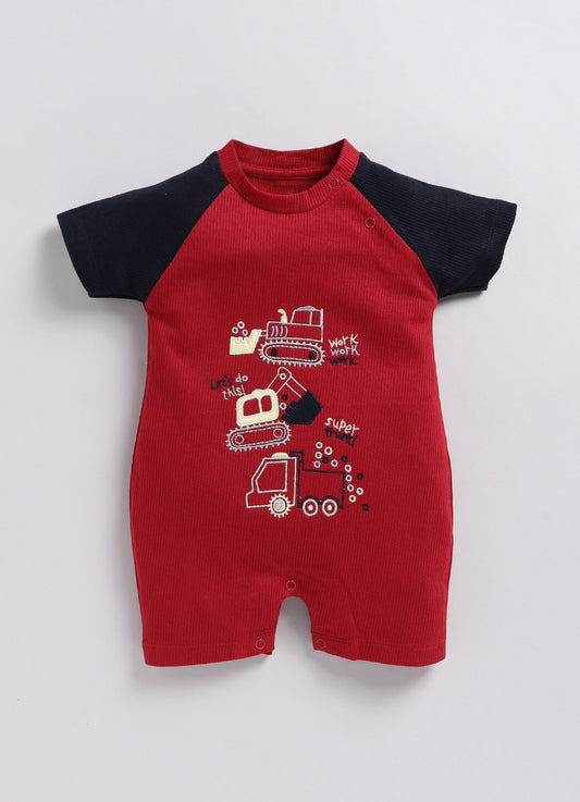 Work, Work, Work Playtime Baby Boy Summer Romper, Construction Fun-RED