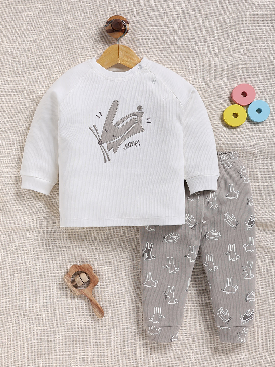 Top & Bottom for Boys - Light Grey Bunny Embroidered