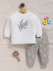 Top & Bottom for Boys - Light Grey Bunny Embroidered