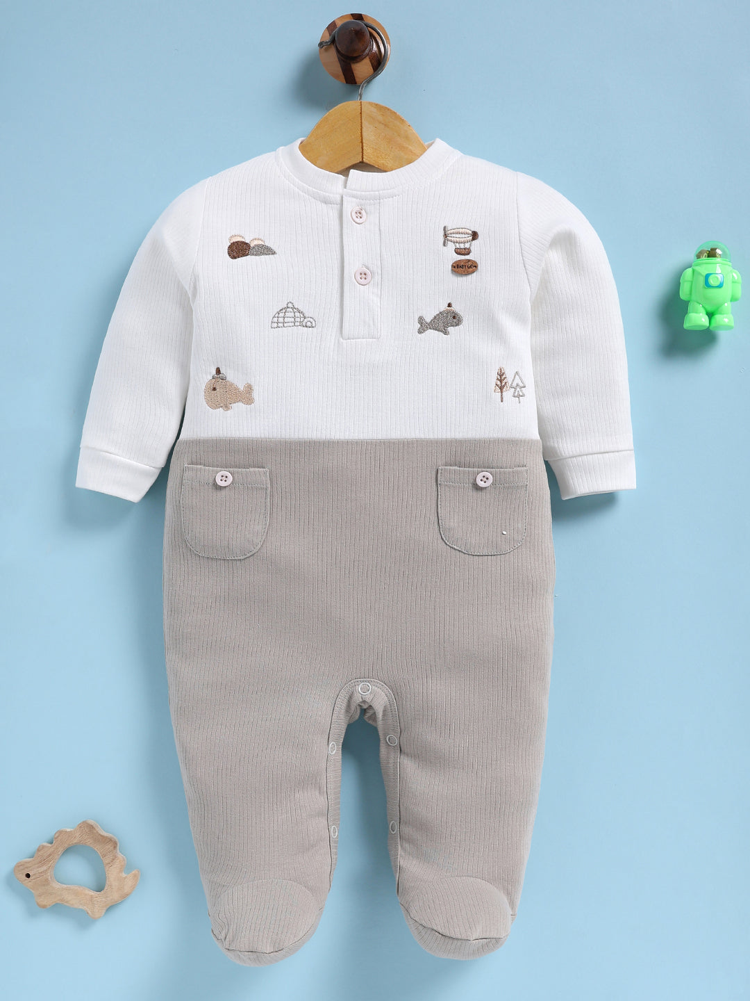 Full Sleeve Romper for Boys – Light Grey Ribbed Embroidered