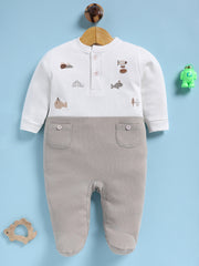 Full Sleeve Romper for Boys – Light Grey Ribbed Embroidered