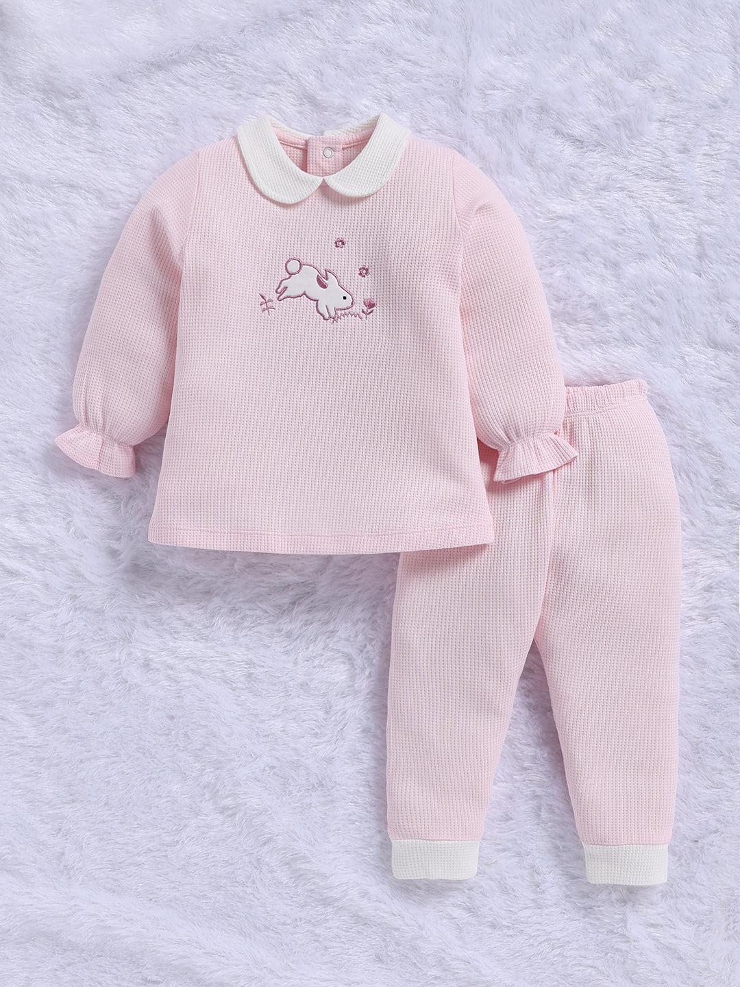 Top & Bottom for Girls - Pink Bunny Embroidered Waffle Top & Trousers Set
