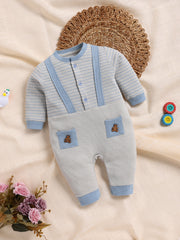 Full Sleeve Romper for Boys – Light Grey Striped Waffle