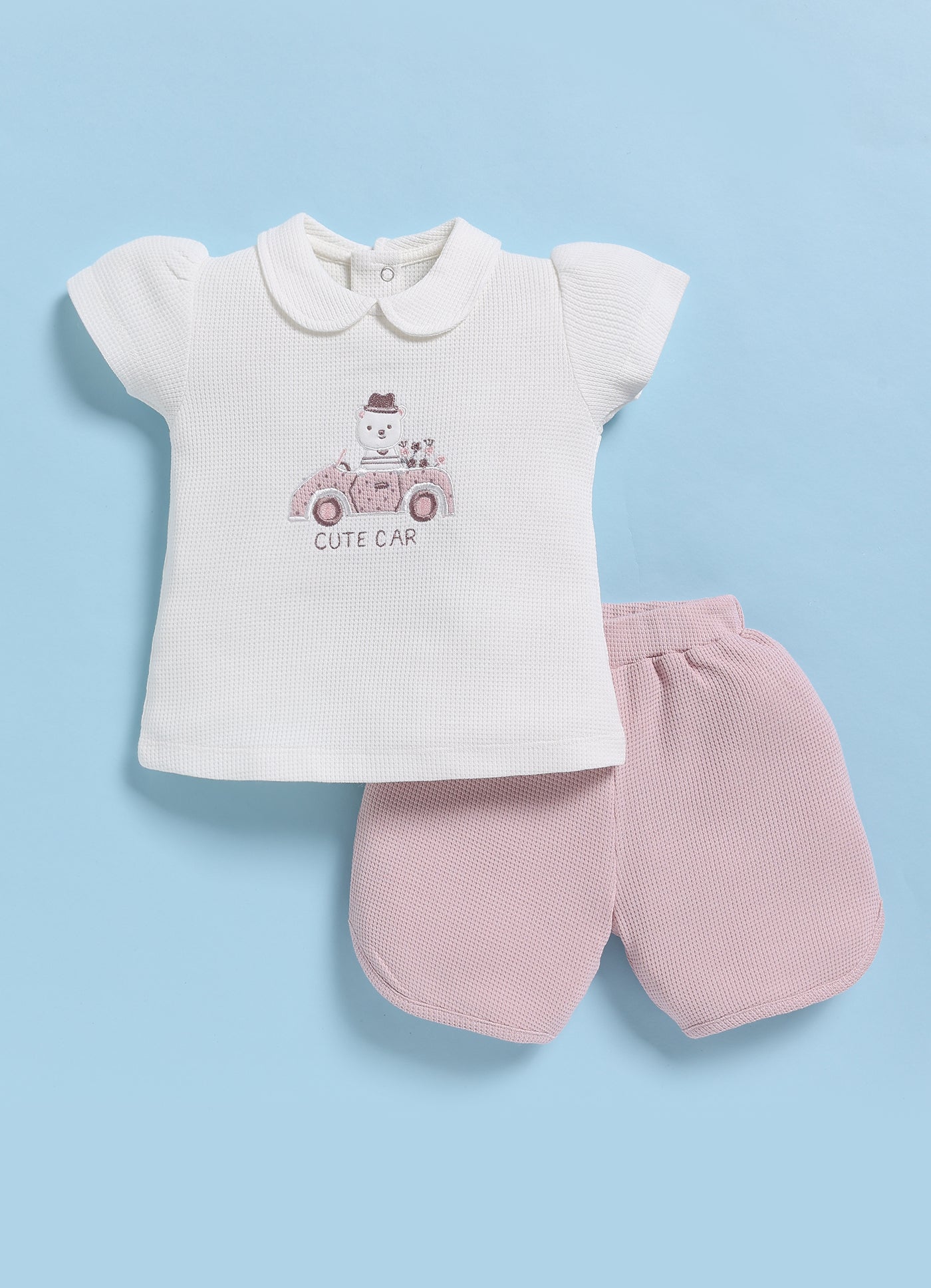 Half-Sleeve Top & Bottom For Girls - Purple Cute Car