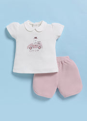 Half-Sleeve Top & Bottom For Girls - Purple Cute Car