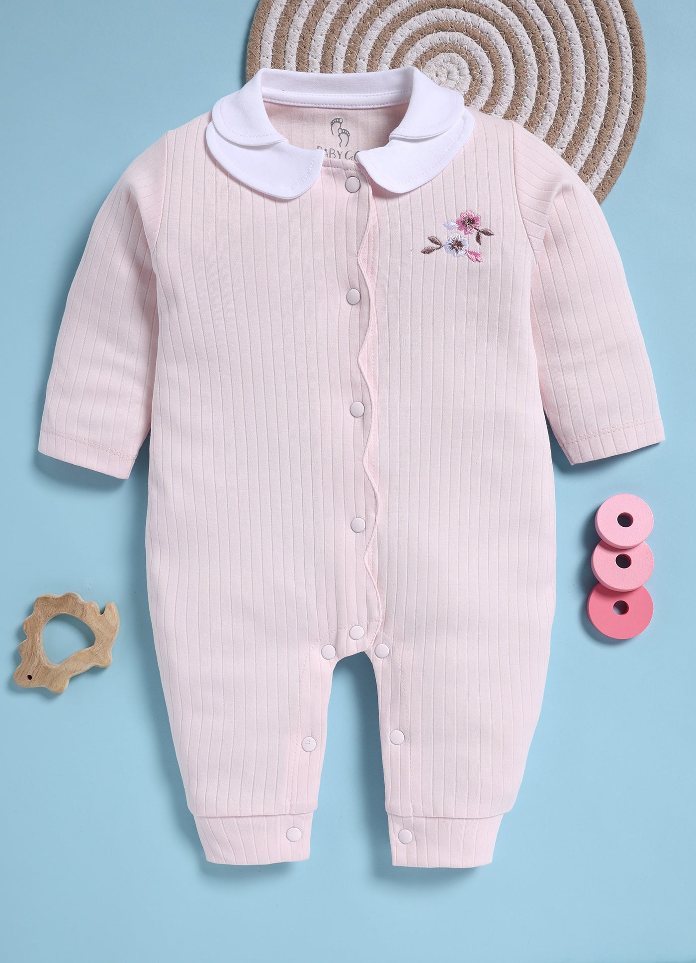 Full Sleeve Romper for Girls - Pink Two Flowers