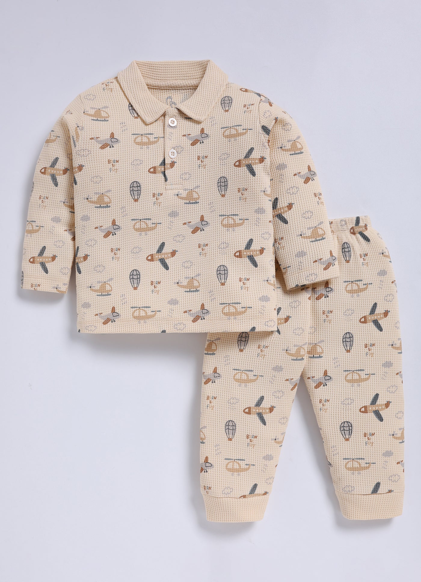 Full-Sleeve Top & Bottom For Boys - Peach Airplane & Ballon