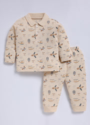 Full-Sleeve Top & Bottom For Boys - Peach Airplane & Ballon