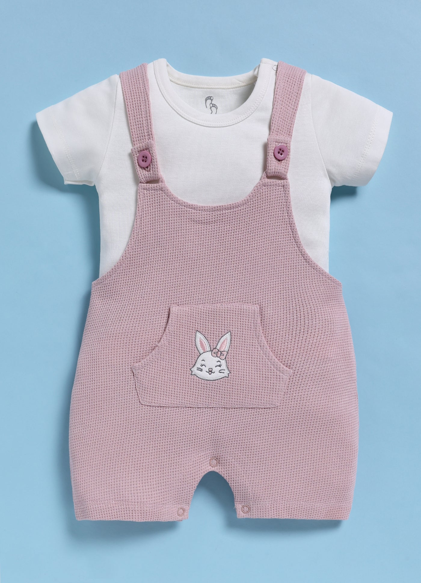 Half Sleeve Dungaree for Girls - Mauve Happy Bunny Face