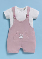 Half Sleeve Dungaree for Girls - Mauve Happy Bunny Face
