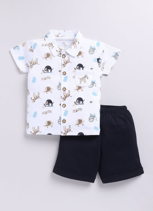 Safari Style Animal Print Half T Shirt & Short Set-Navy Blue