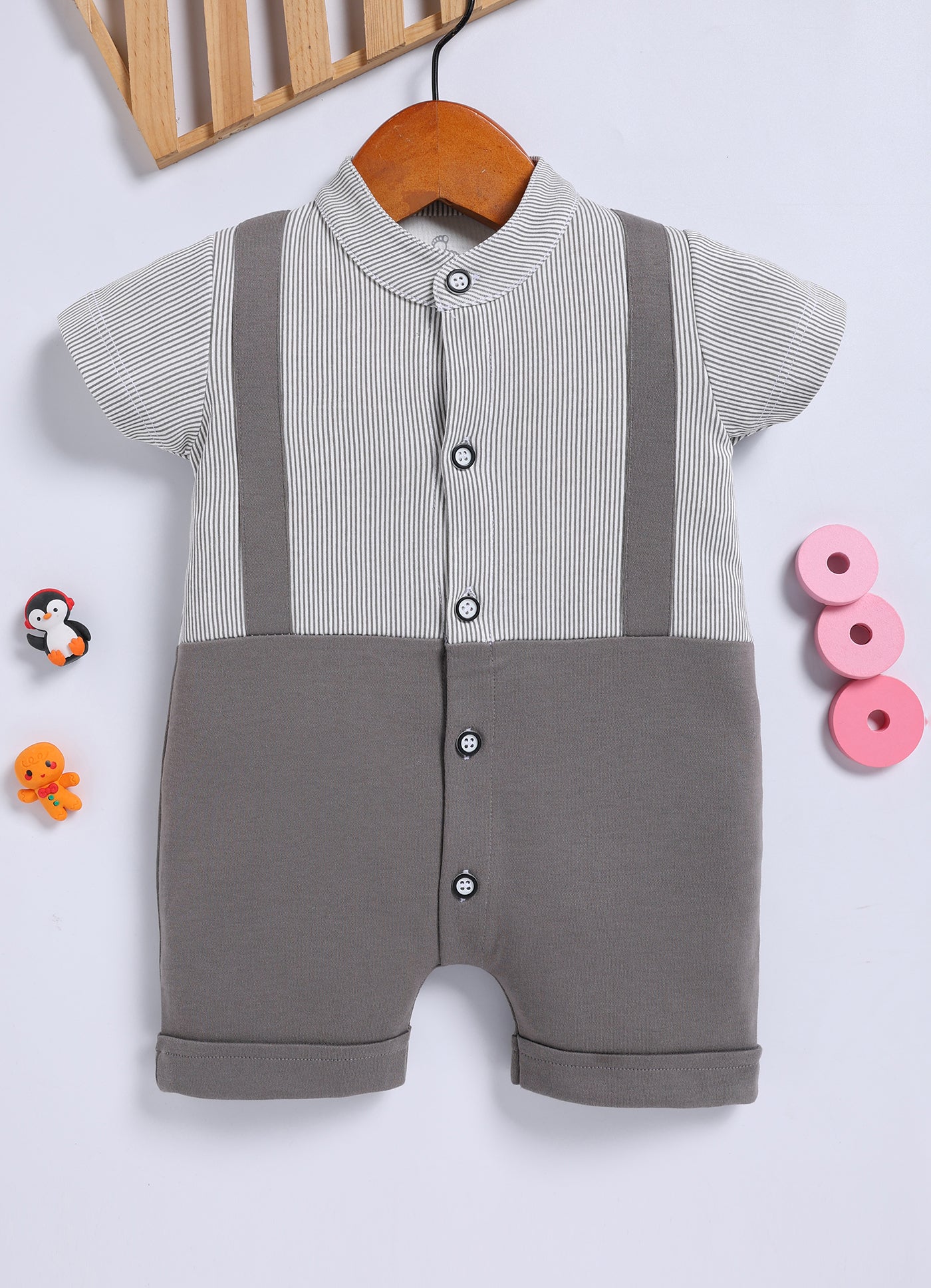 Half-Sleeve Romper for Boys – Grey with Suspender