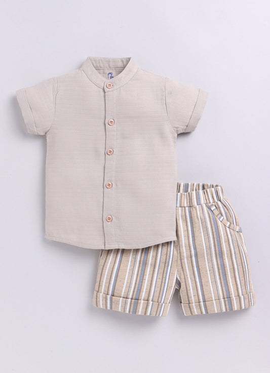 Baby Boy Solid T Shirt & Striped Short-BEIGE