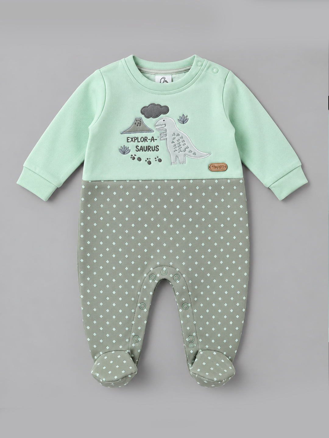 Saurus Dinosaur Embroidered Footed Full Sleeve Romper for Boys - Mint & Olive Green