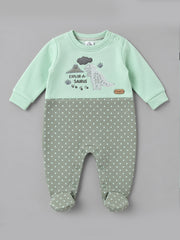 Saurus Dinosaur Embroidered Footed Full Sleeve Romper for Boys - Mint & Olive Green