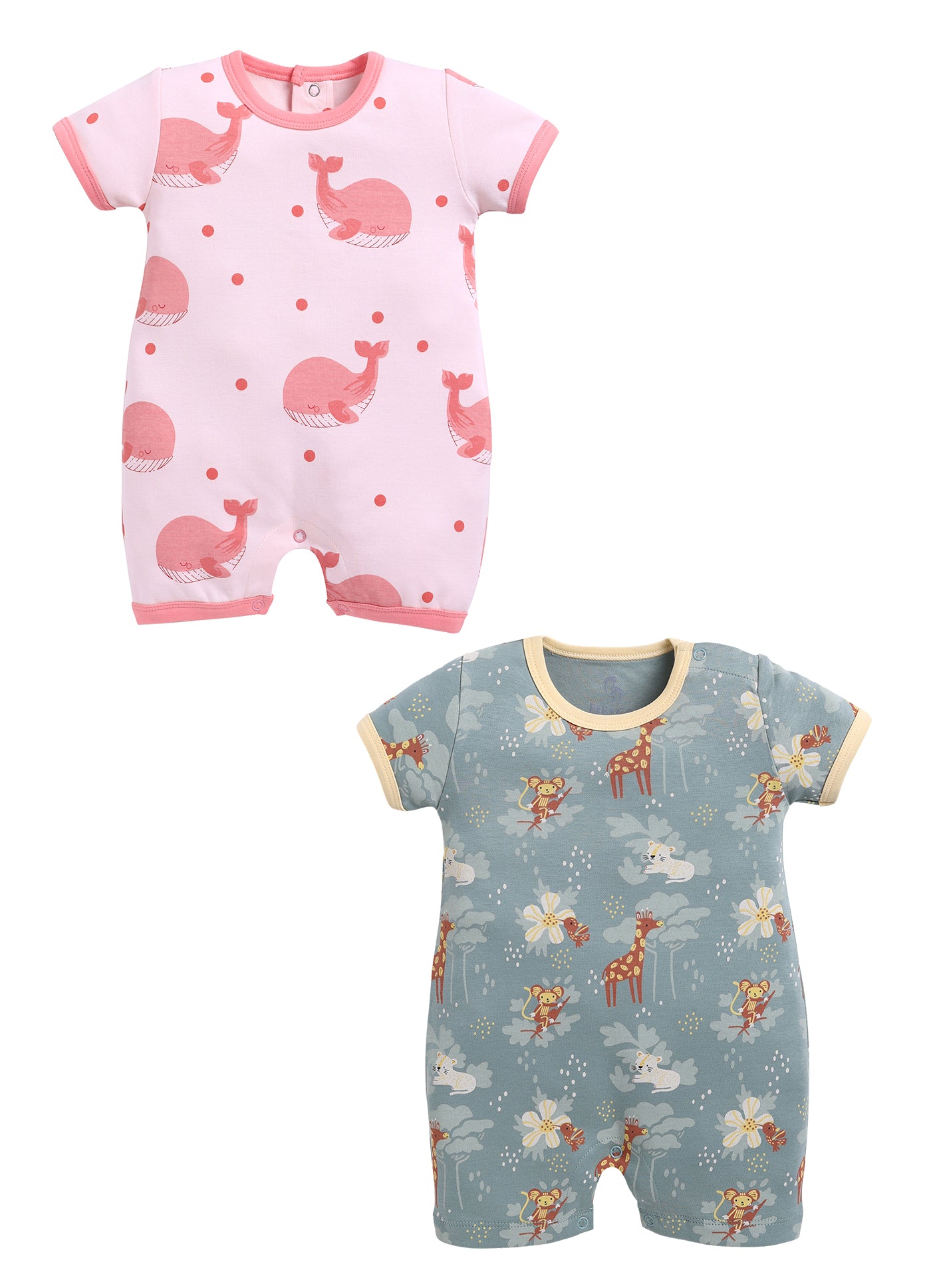Half Sleeve Romper for Girls - Salmon & Olive