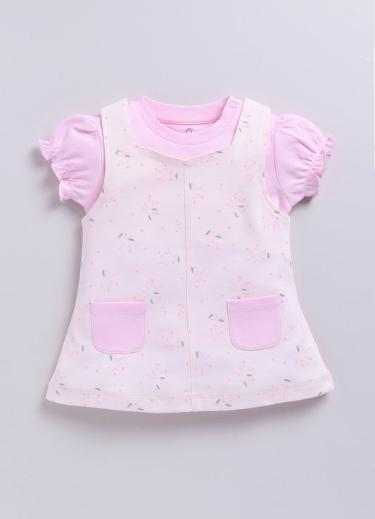 Baby Girl Floral Print Pinafore Dress with Layered Top-PINK
