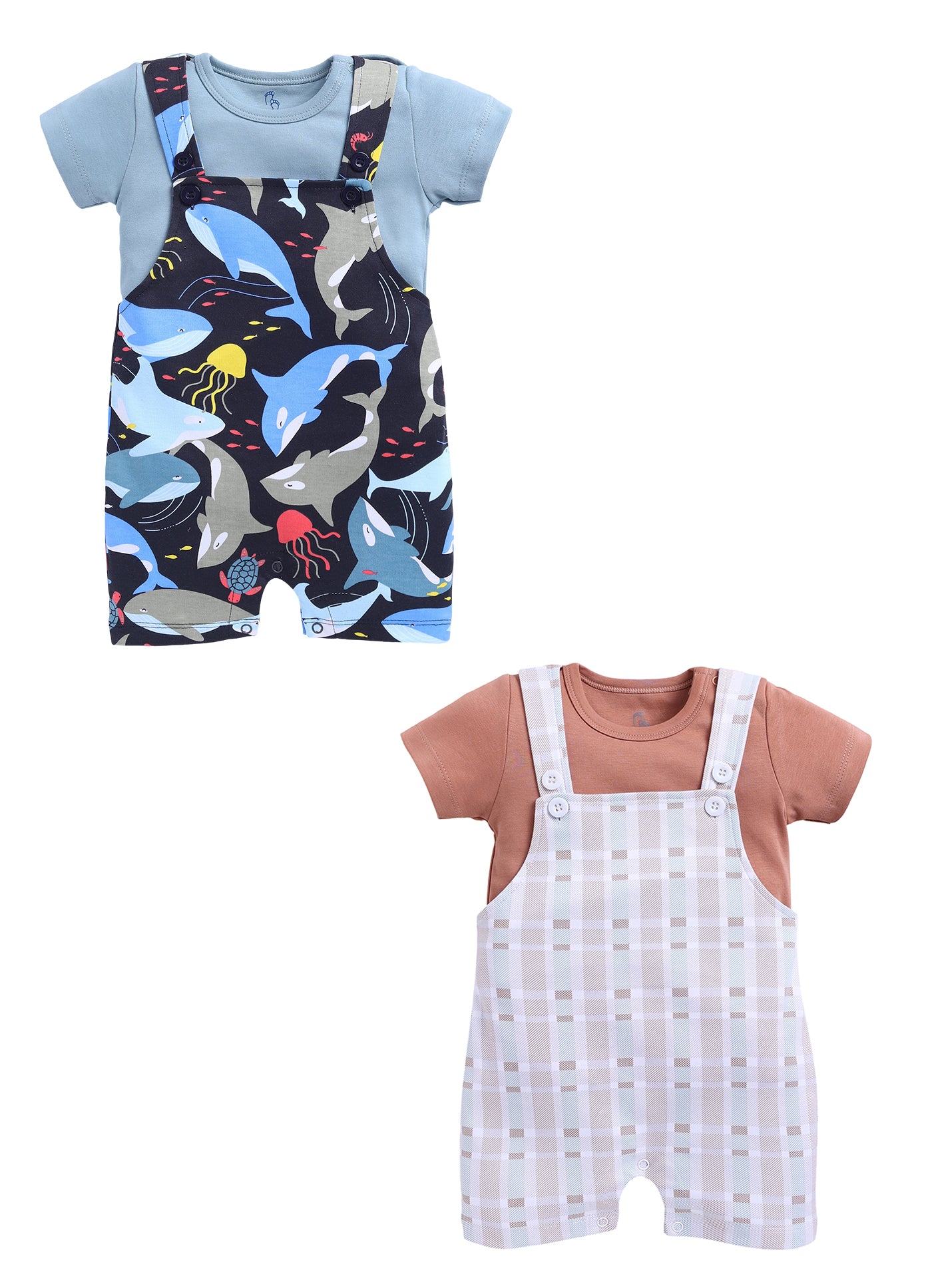 Half Sleeve Dungaree for Boys - Tan & Navy
