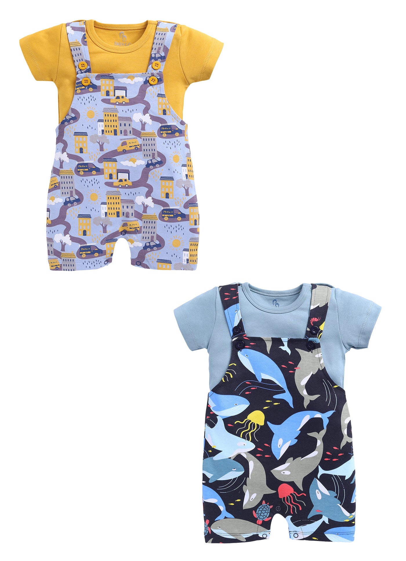 Half Sleeve Dungaree for Boys - Yellow & Navy