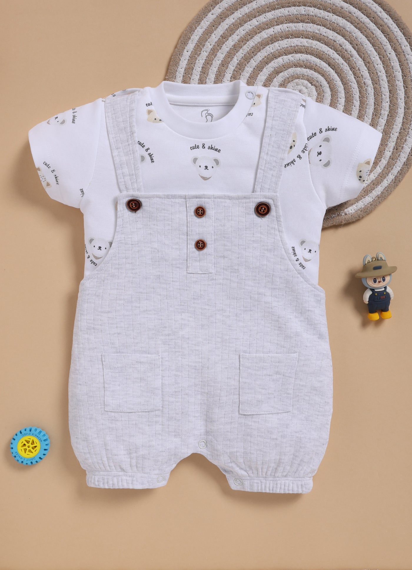 Half Sleeve Dungaree for Boys – White Melange Cute & Shine Bear