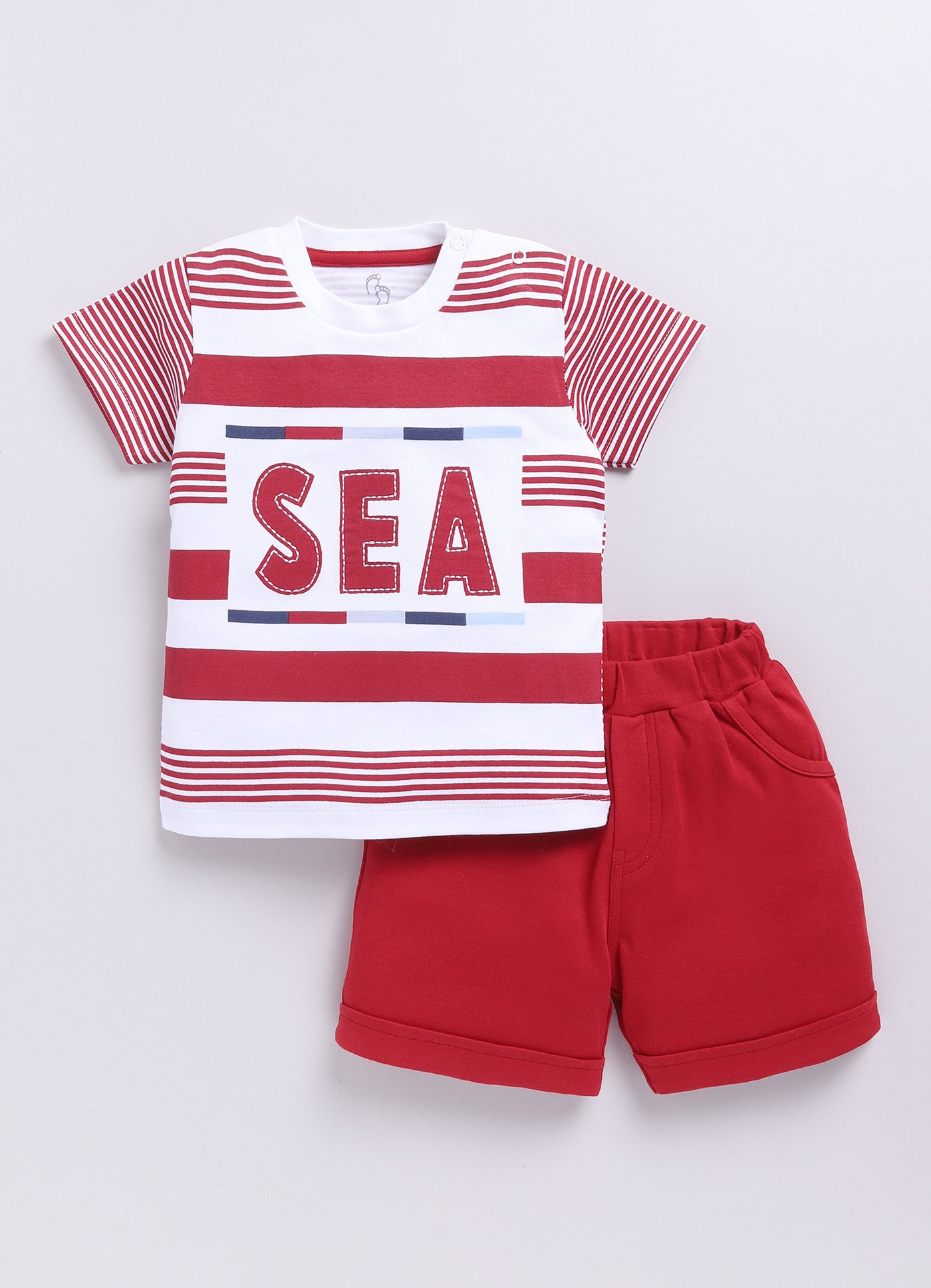 Baby Boy SEA Printed & Nautical Stripes Half T-Shirt and Shorts Set-Red