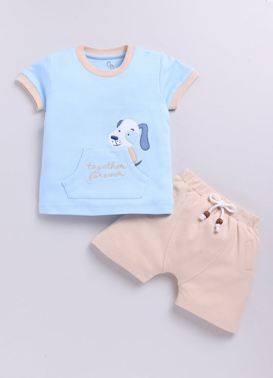 Puppy Embroidered Baby Boy Half T-Shirt & Shorts Summer Set-Sky