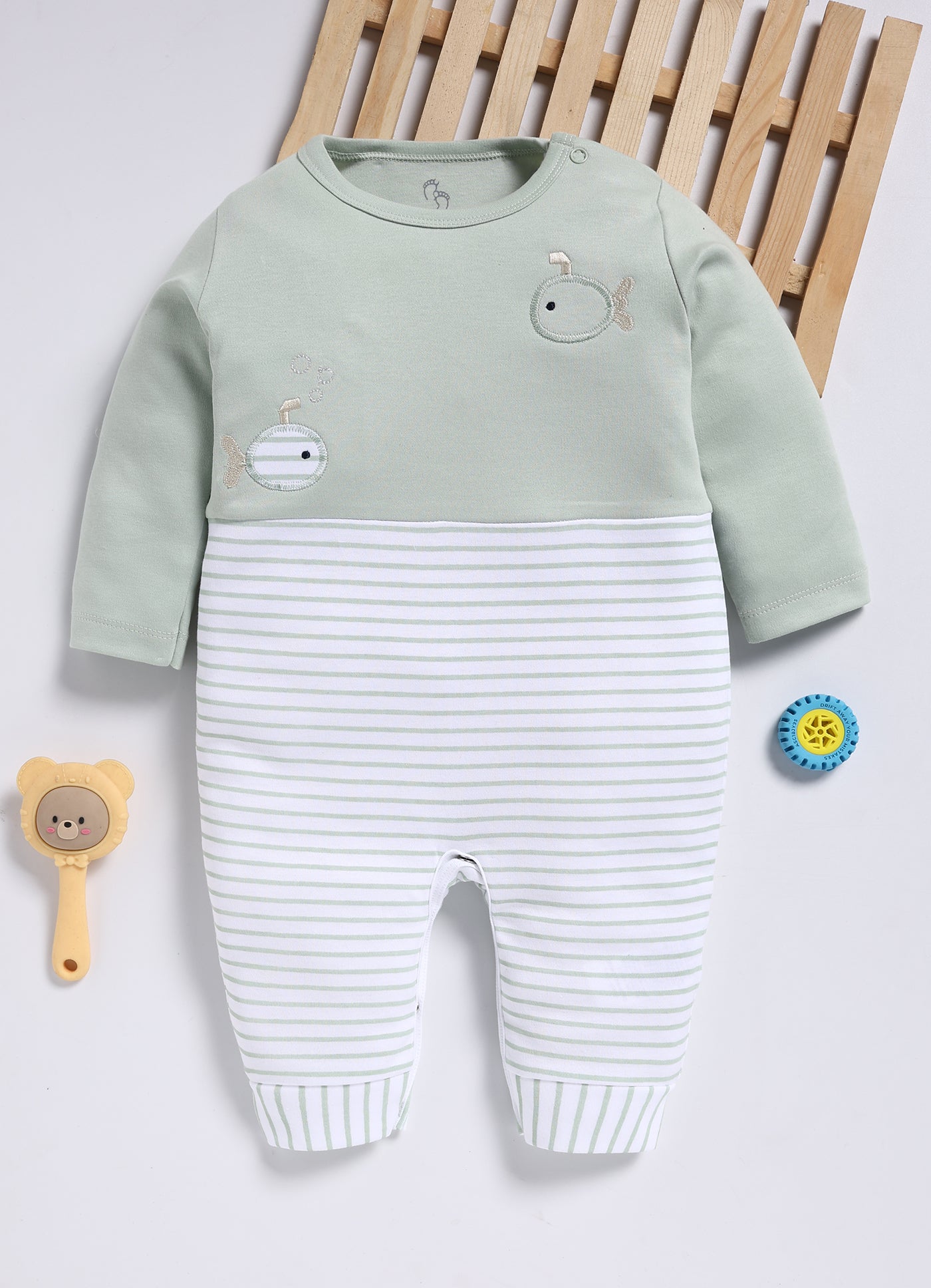 Full Sleeve Romper for Boys – Mint Green Swimming Fishes