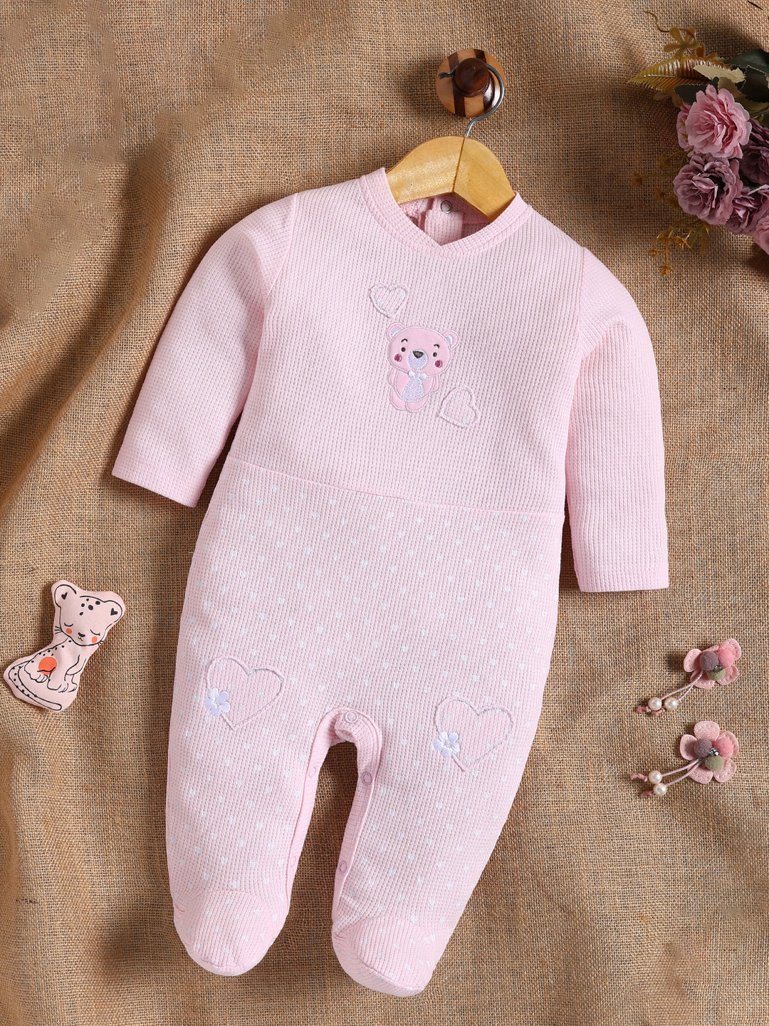 Full Sleeve Romper for Girls – Pink Waffle Knit