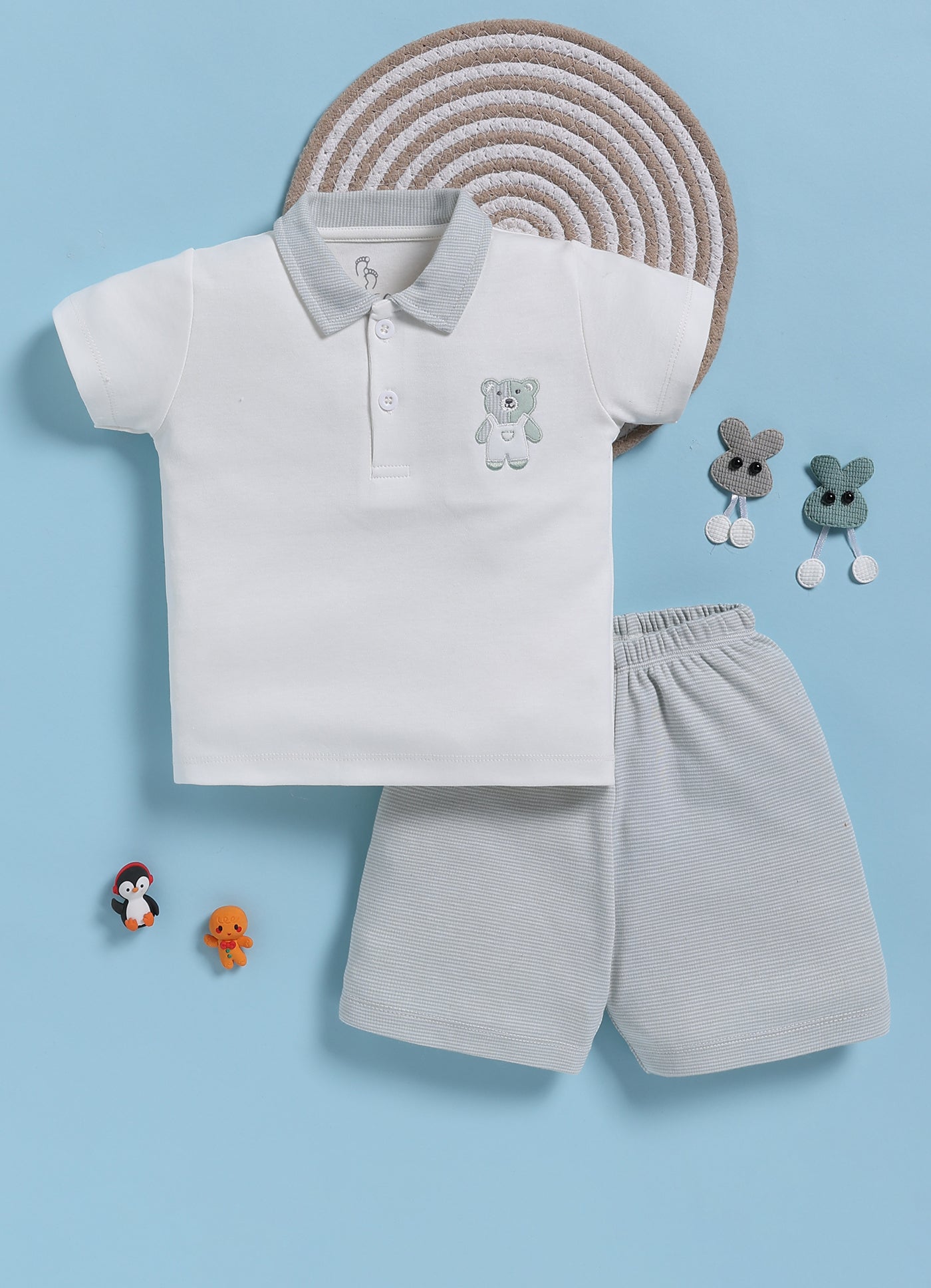Half-Sleeve Top & Bottom For Boys - White Melange Cute Teddy