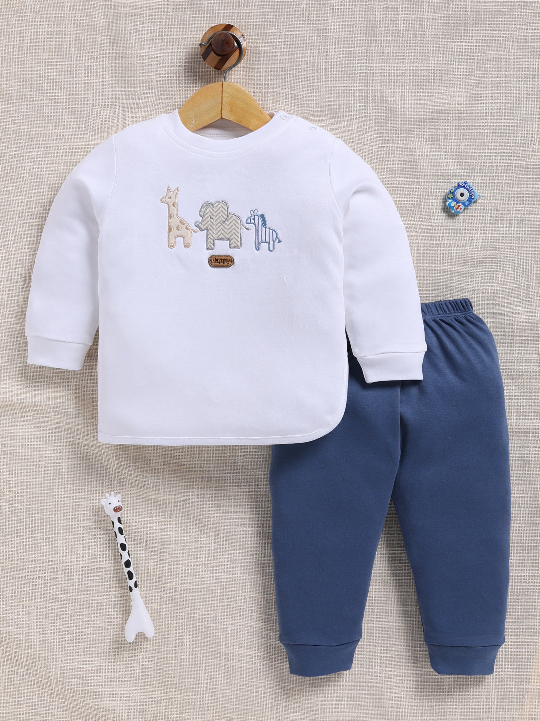 Top & Bottom for Boys - Navy Blue Animal Embroidered