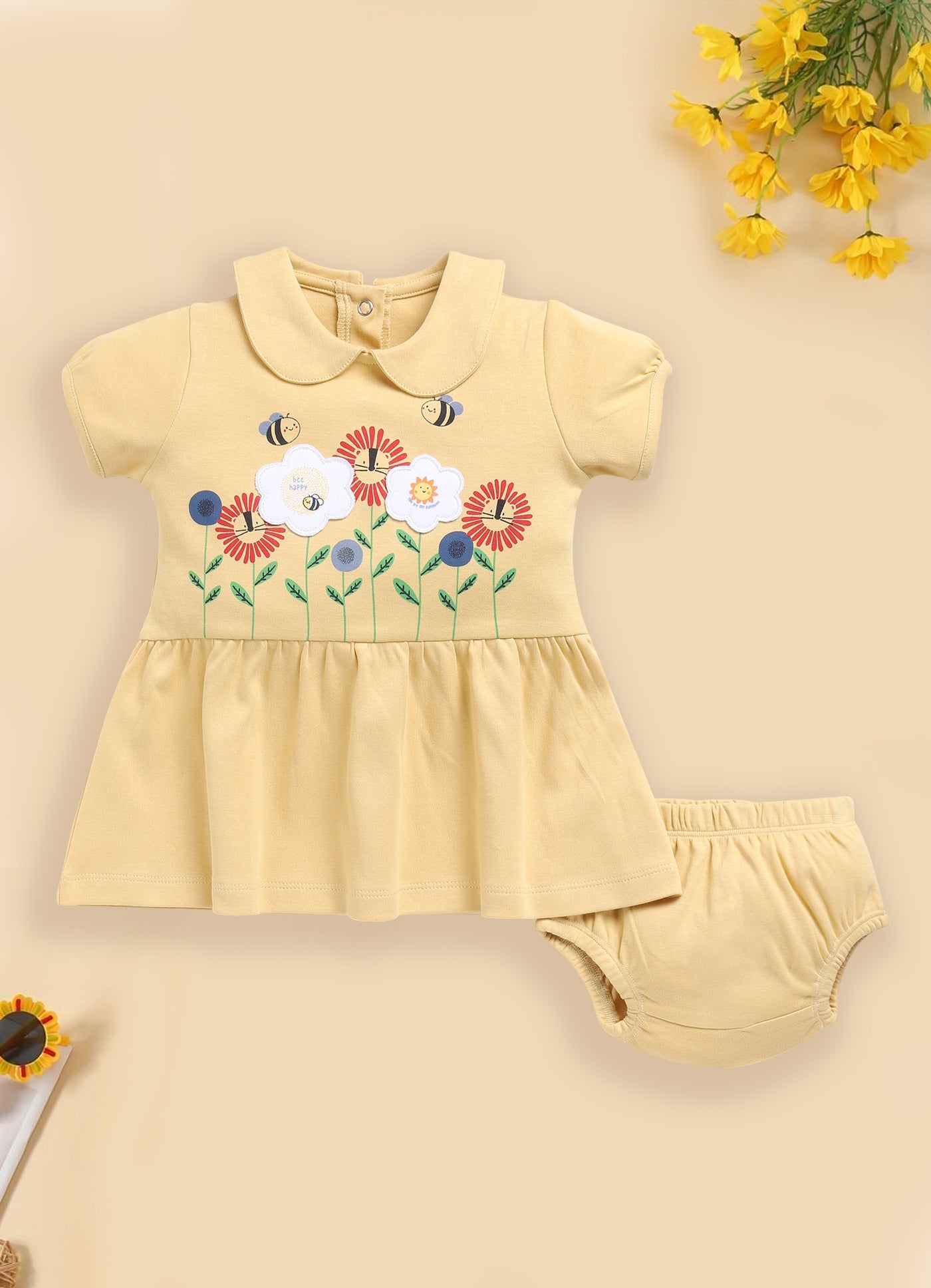 Baby Girl Peter Pan Collar Dress with Flowers & Bees-BEIGE