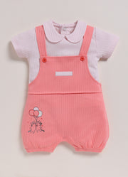 Half Sleeve Dungaree for Girls - Pink Two Kitties With Balloons