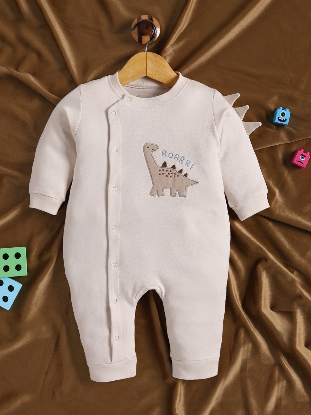 Full Sleeve Romper for Boys – Cream Dinosaur Graphic Side-Snap