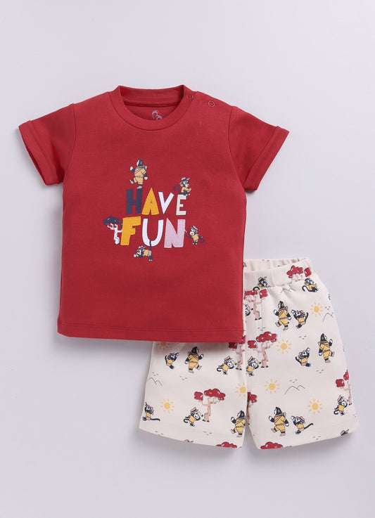 Baby Boy Have Fun printed Half T-Shirt and Shorts Set-Red