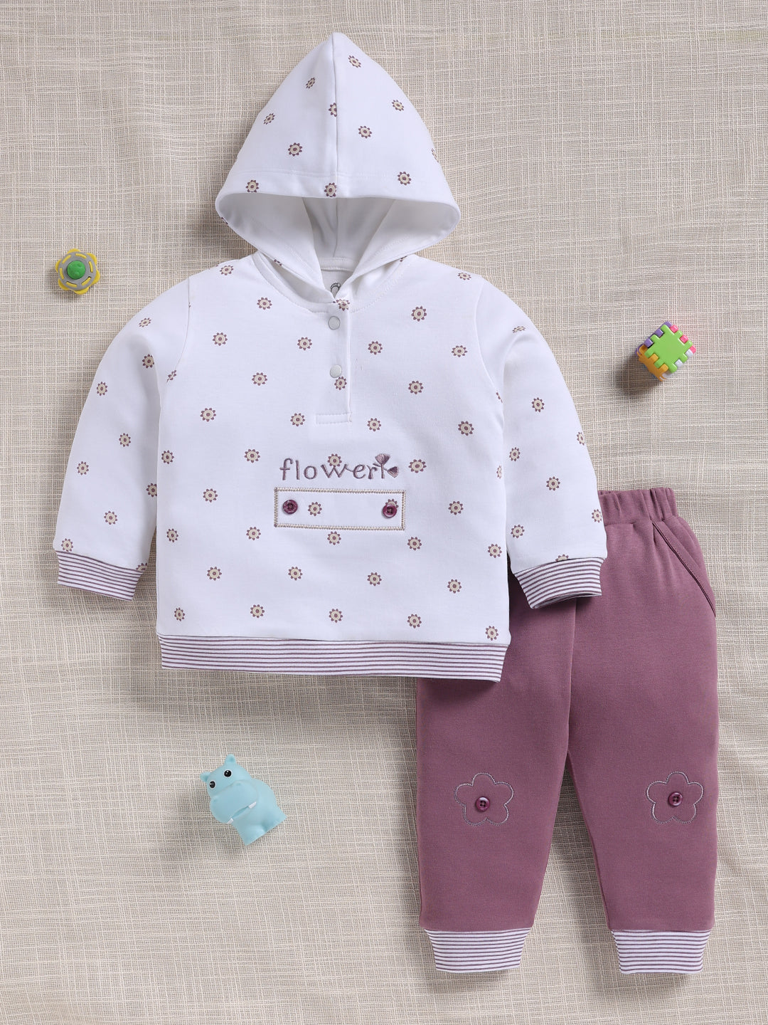 Top & Bottom for Girls - Purple Floral Print Hoodie & Trousers Set