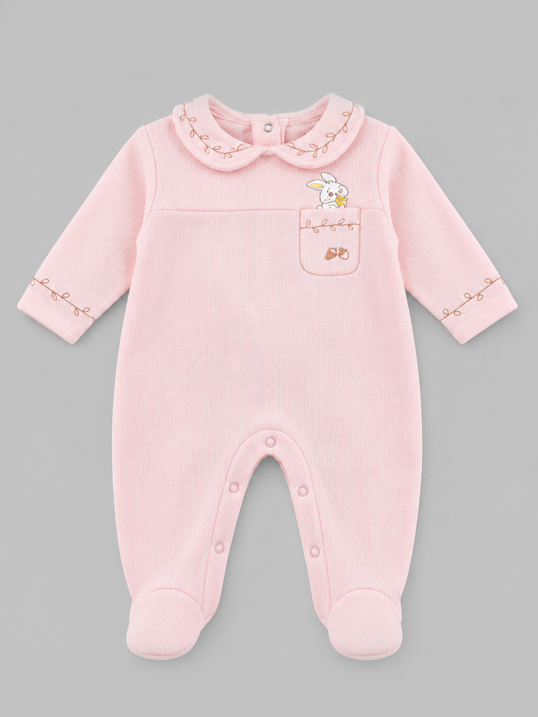 Bunny & Carrot Pocket Collared Waffle Knit Full Sleeve Romper for Girls - Pink