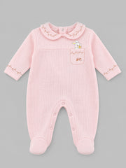 Bunny & Carrot Pocket Collared Waffle Knit Full Sleeve Romper for Girls - Pink