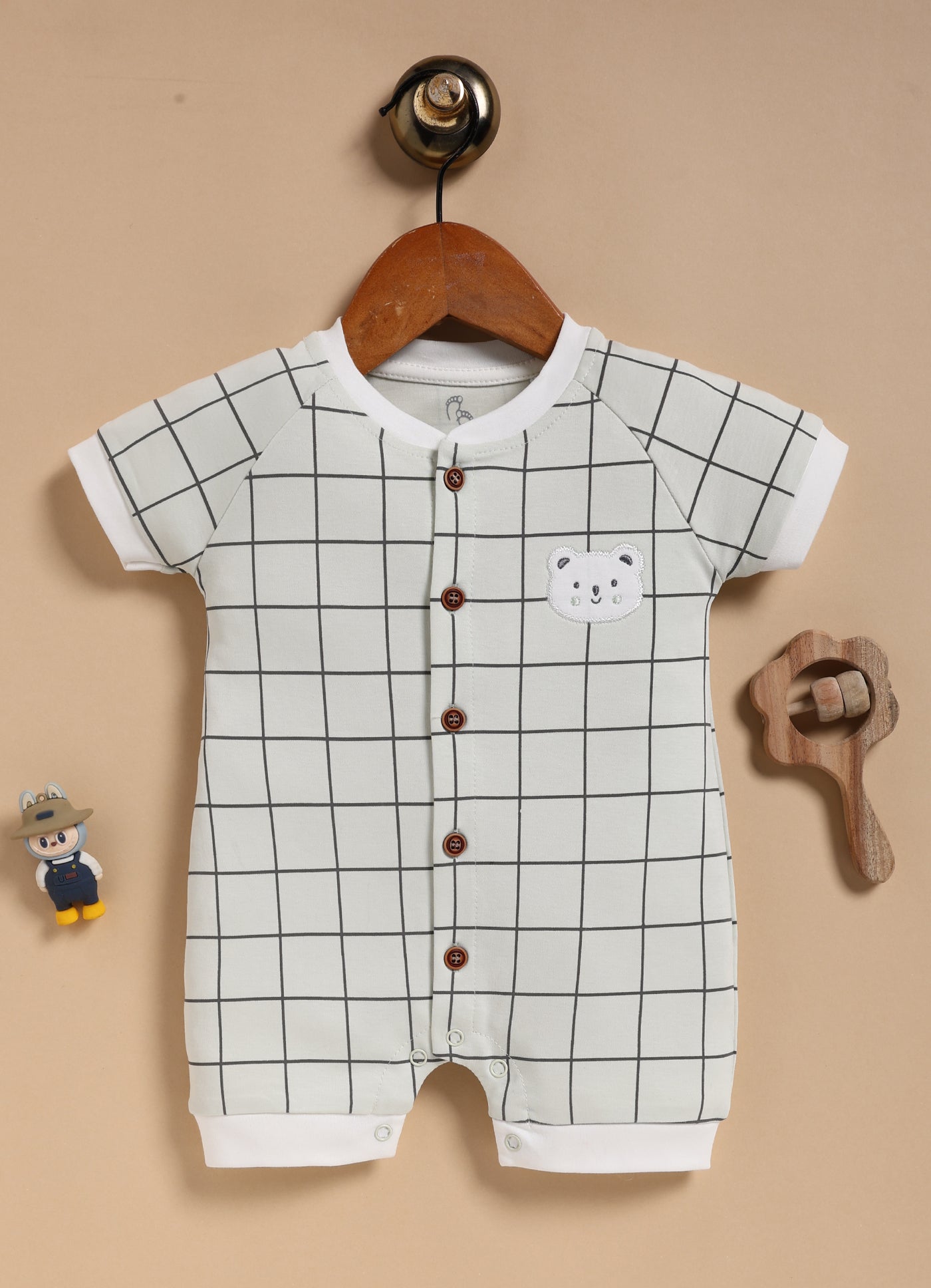 Half-Sleeve Romper for Boys – Pastel Mint Grid Bear