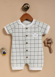 Half-Sleeve Romper for Boys – Pastel Mint Grid Bear