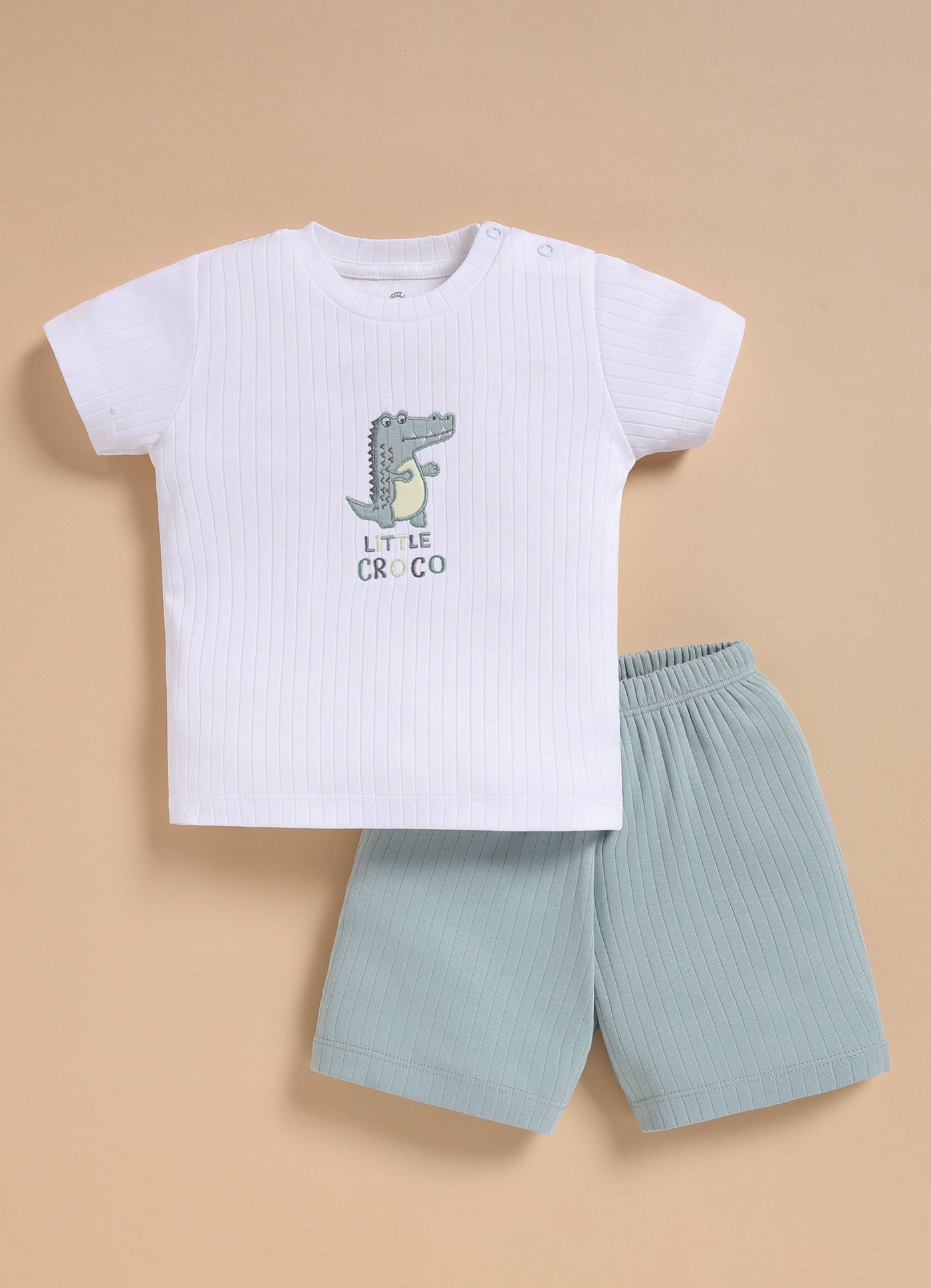 Half-Sleeve Top & Bottom For Boys - Mint Green Little Croco
