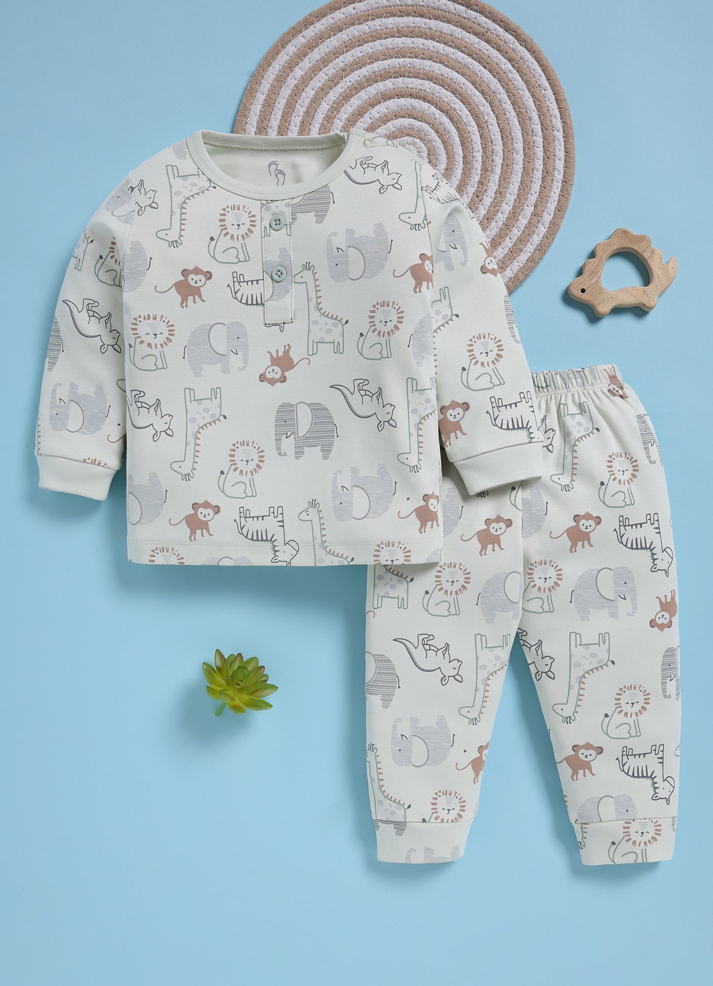 Full-Sleeve Top & Bottom For Boys - Green Cyan Cute Animals